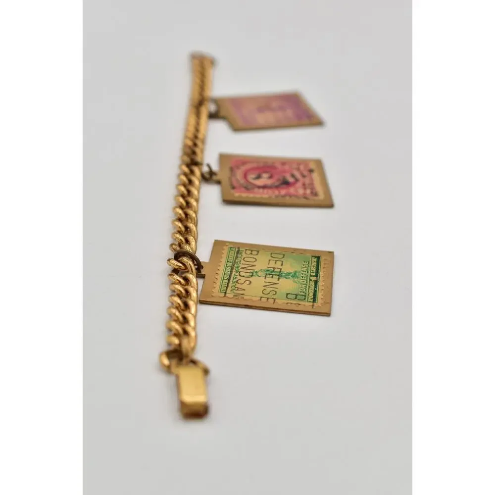 Vintage Stamp Charm Bracelet Antiqued Gold Dangle USA Florida California BinAW